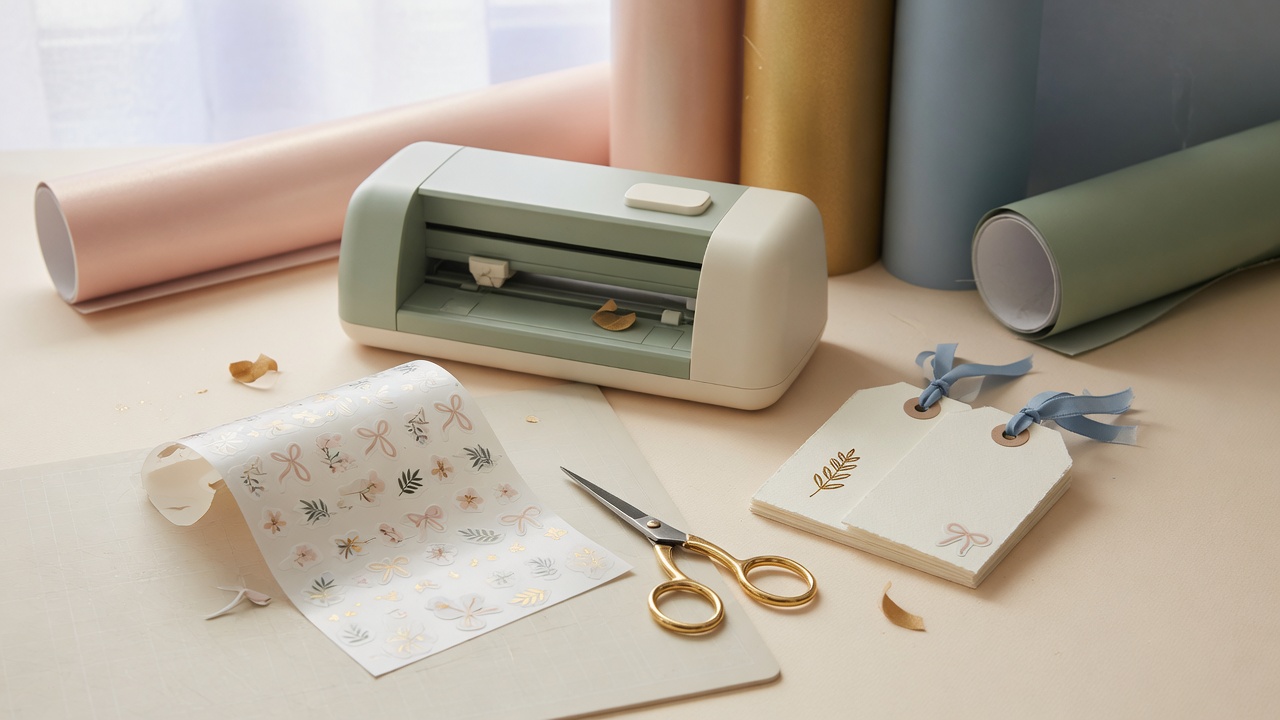 Escritorio con plotter, vinilos y tags